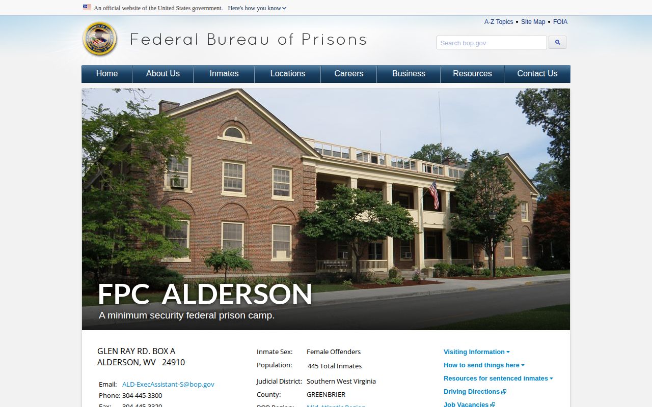 FPC Alderson federal release records facility page near Monroe County