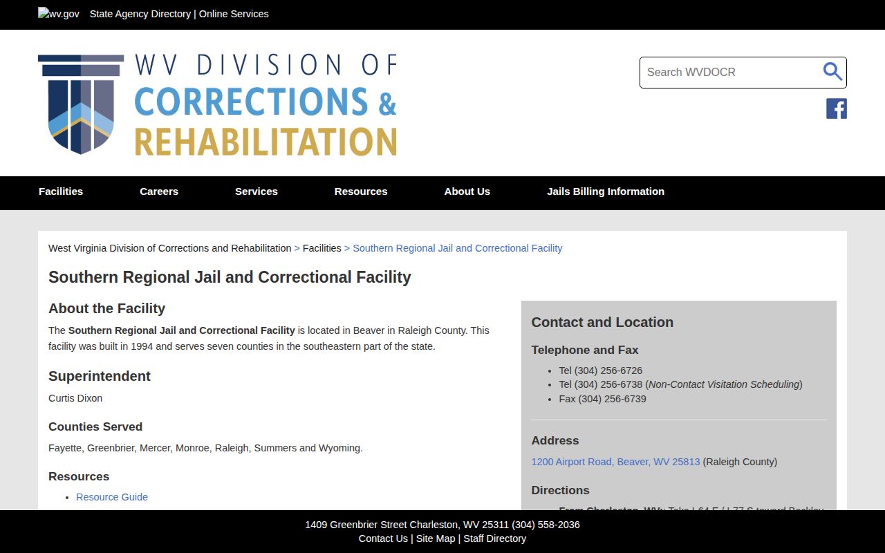 Southern Regional Jail release records facility page for Monroe County