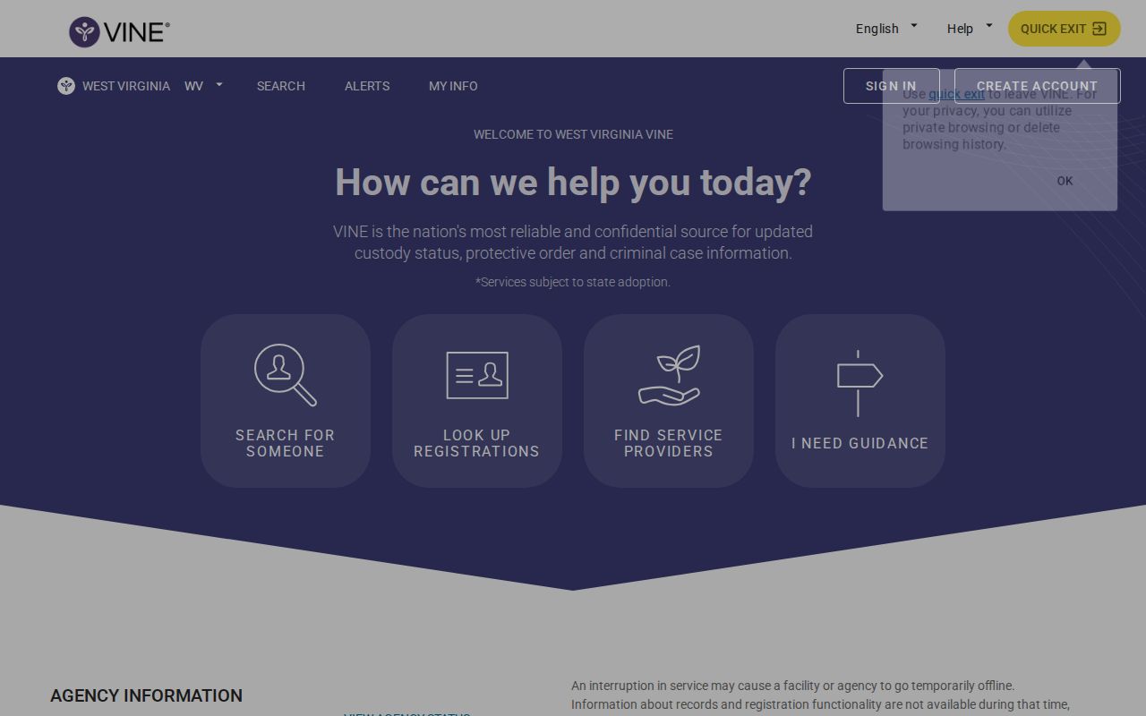 West Virginia VINE inmate check landing page for Monroe County release records
